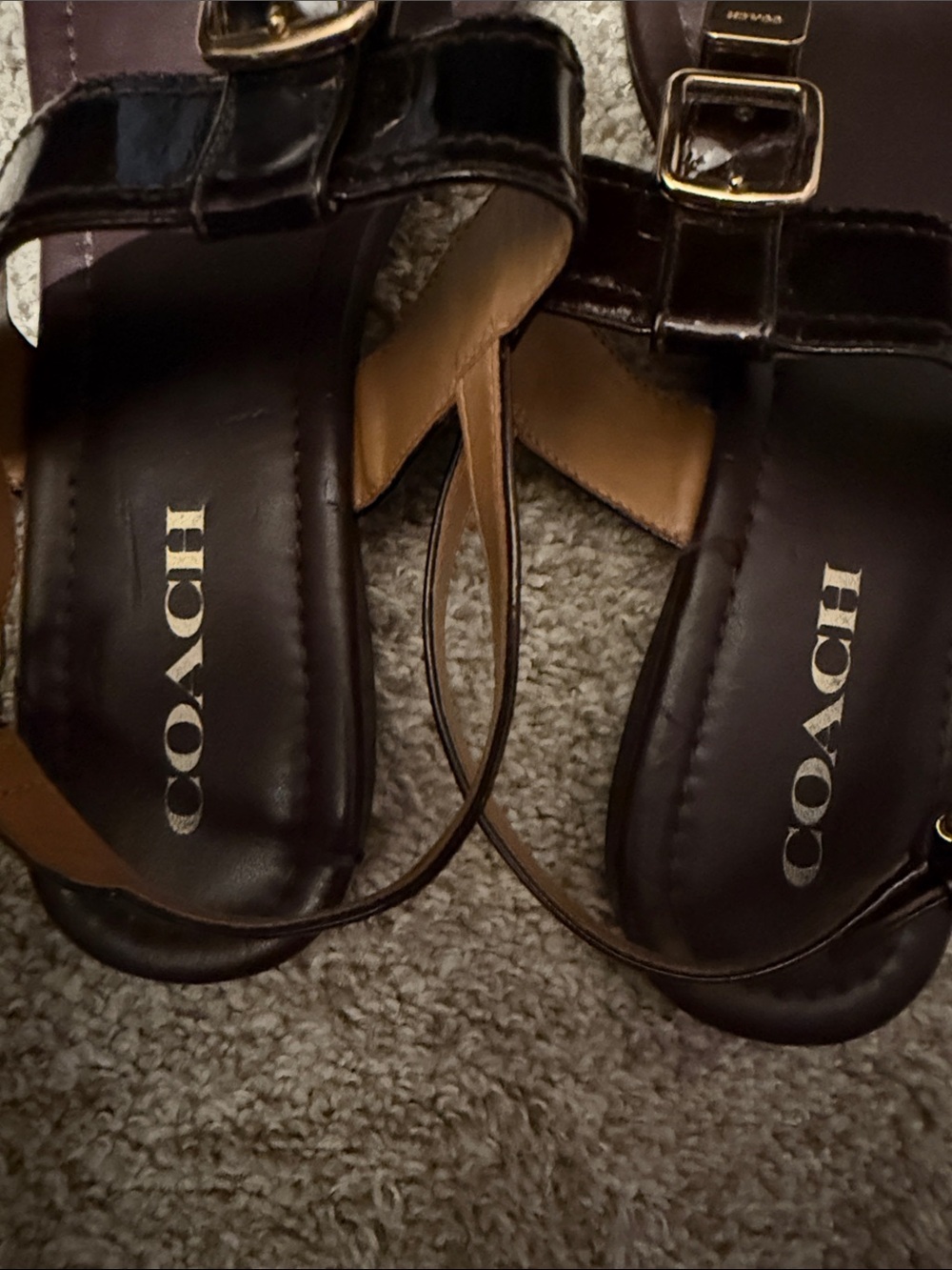 Coach Dark Brown Leather T-Strap Sandals with Gold Buckles - Picture 2 of 5